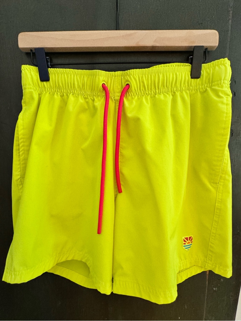 Men's Neon Yellow Lined Surf Swim Board Shorts with Pink Drawcord, Size Medium
